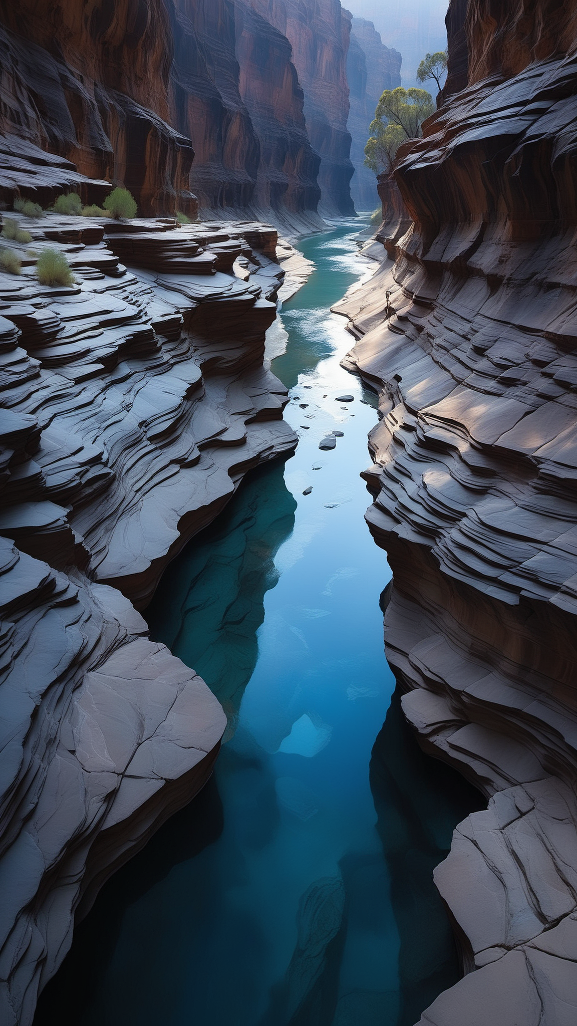 一条狭窄而深邃的峡谷，峡谷两侧是陡峭的岩壁，岩壁上有着明显的层状结构，显示出地质年代的沉积特征。峡谷中间是一条清澈见底的河流，河水呈现出深蓝色，与两侧的岩石形成了鲜明的对比。