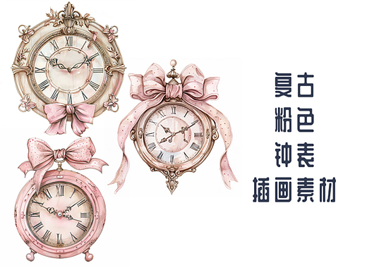 复古粉色蝴蝶结钟表插画素材