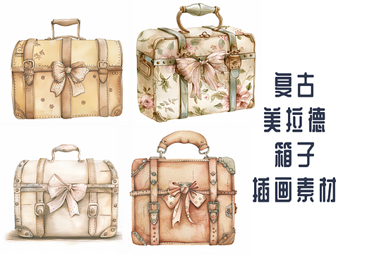 复古美拉德蝴蝶结皮箱插画素材