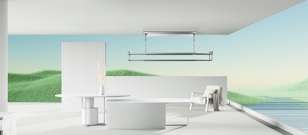 晾干端盖处在设计过程中提出并解决了收纳多横杆隐藏、收纳功能的全新设计要点。晾衣杆晾被杆横向抽拉，端盖处内置多根不锈钢小横杆，抽拉过程中横杆在晾衣杆细杆处联动滑出。