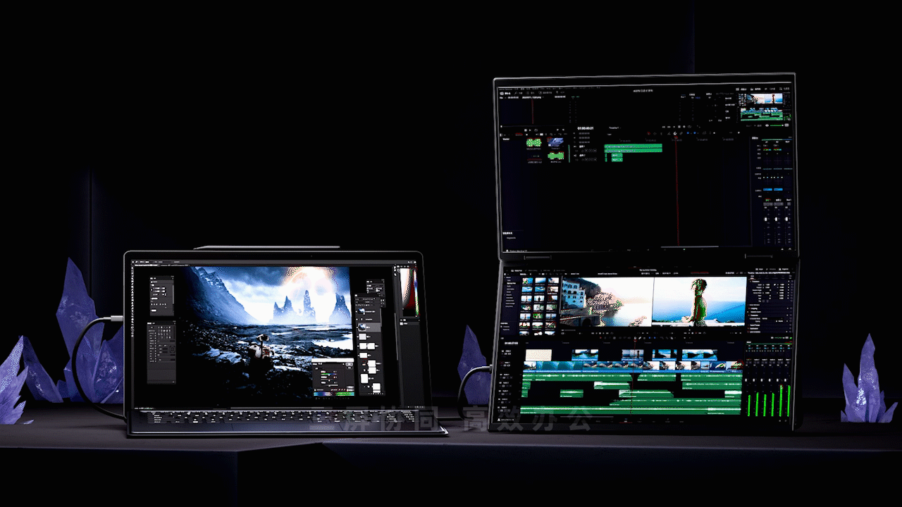 迷你电脑外接双屏折叠屏显示器