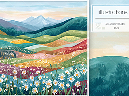 ??水彩小花與天空山峰ct241204??