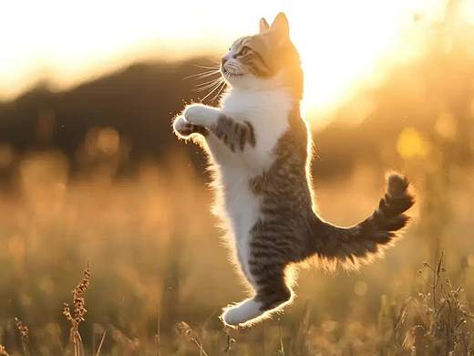 一个可爱的猫咪。在阳光下跳跃