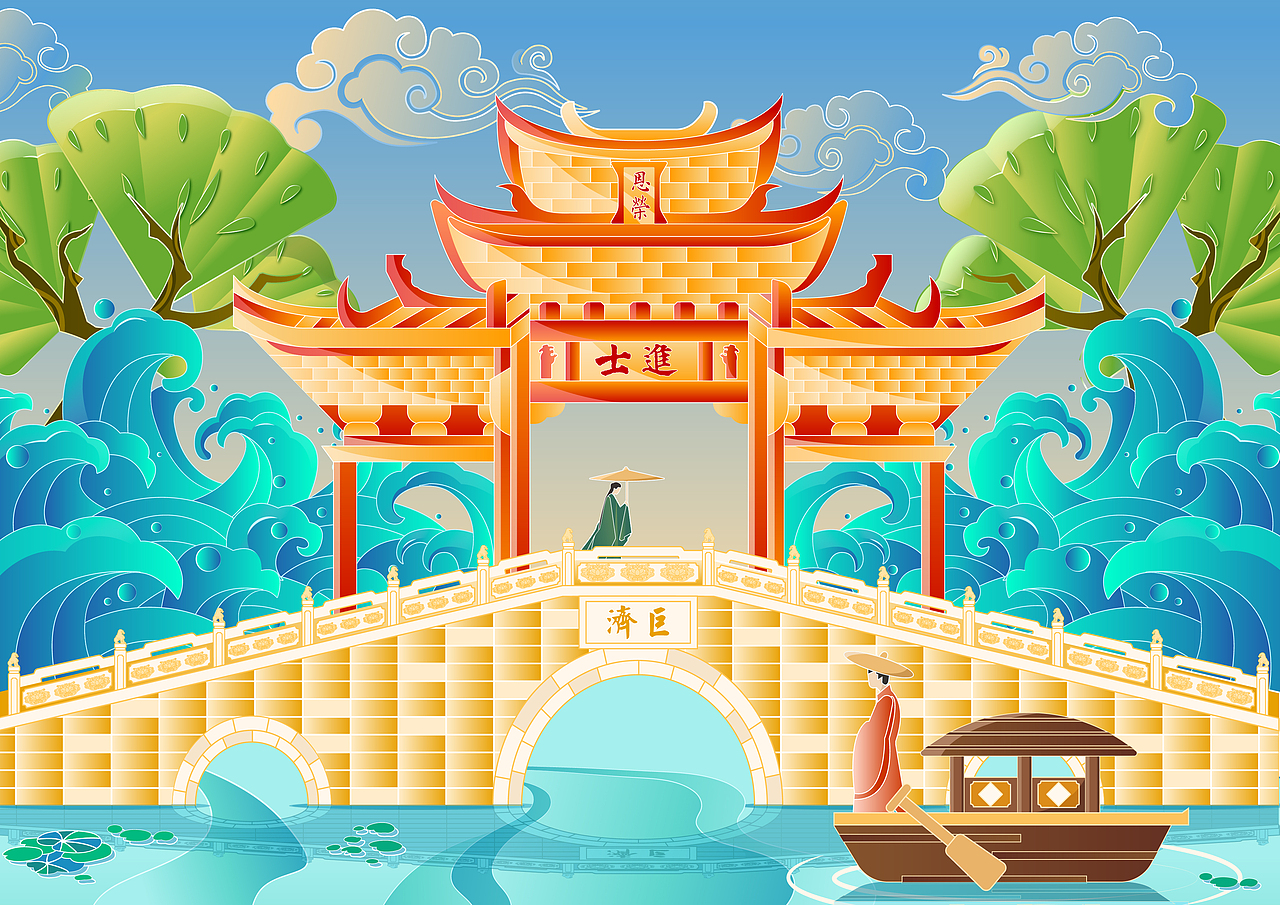 相遇:一位落榜书生因为进士不中,一人孤独的在船上漂流着,漂到了进士门前,见到了一位独自在桥上行走的富家女子,书生对女子产生了爱慕之情。可女子并没有发现他。