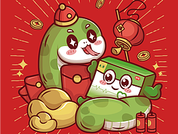 天草丹参保心茶蛇年红包插画设计