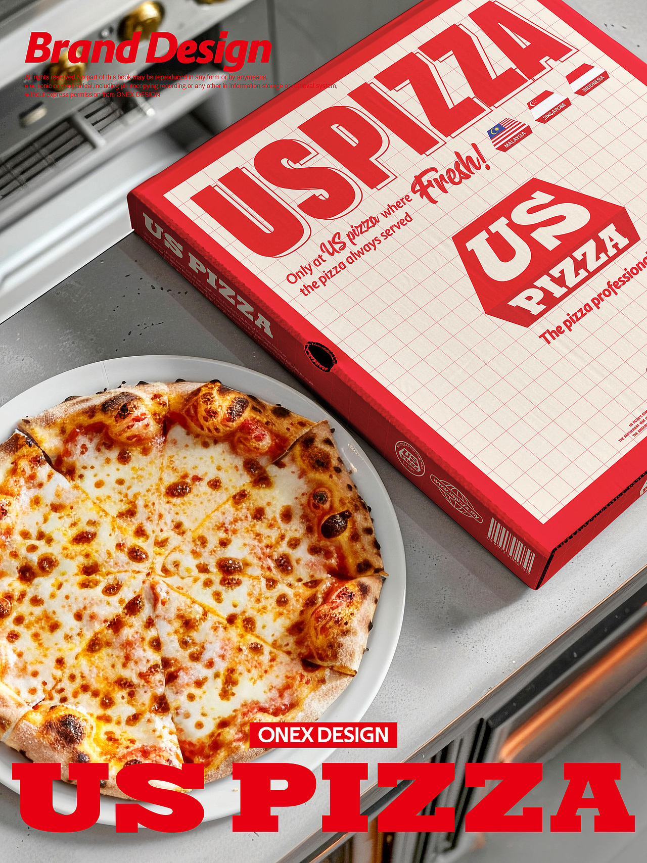 整体的vi设计，主要围绕着红色为主，米黄色为辅的调性，凸显品牌的活力与高级，彰显品牌传承经典又跟随时尚的新貌。logo以披萨盒与品牌名相结合，打造品牌超级符号，让品牌更加有记忆点、快速占领消费者心智。
