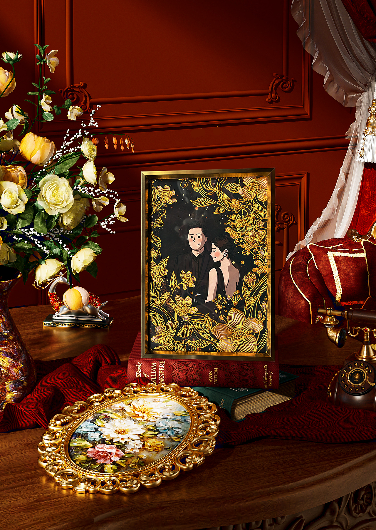 花雕沥粉画作品:新婚礼物-04