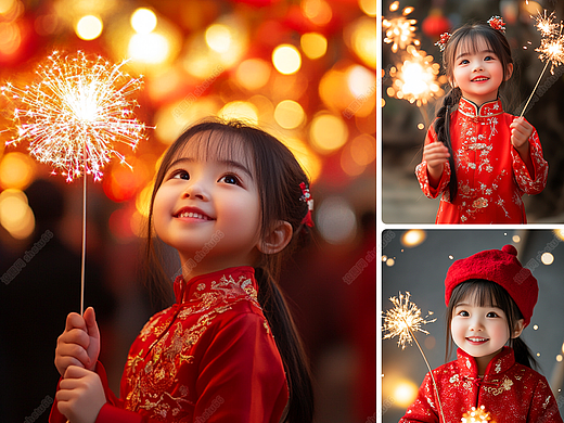 春节素材 | 新年烟花仙女棒女孩AI红色摄影图-设图网