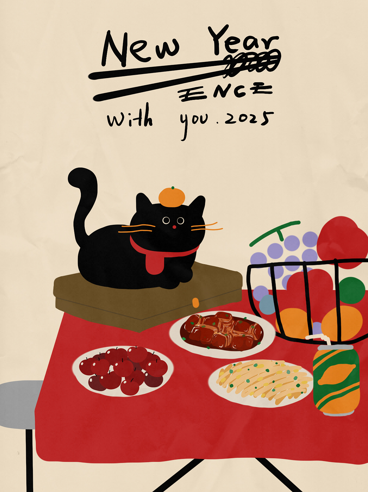 复古色调新春小猫系列插画