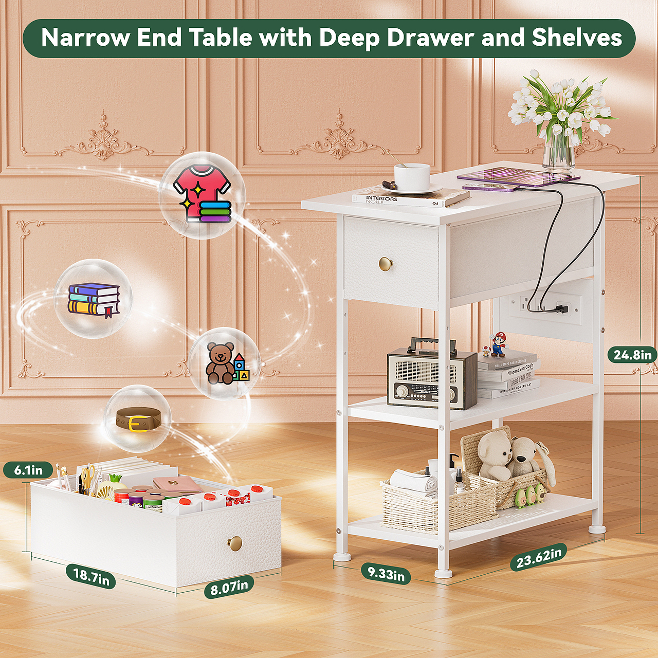 窄床头柜,白色床头柜带充电站,LED 边桌