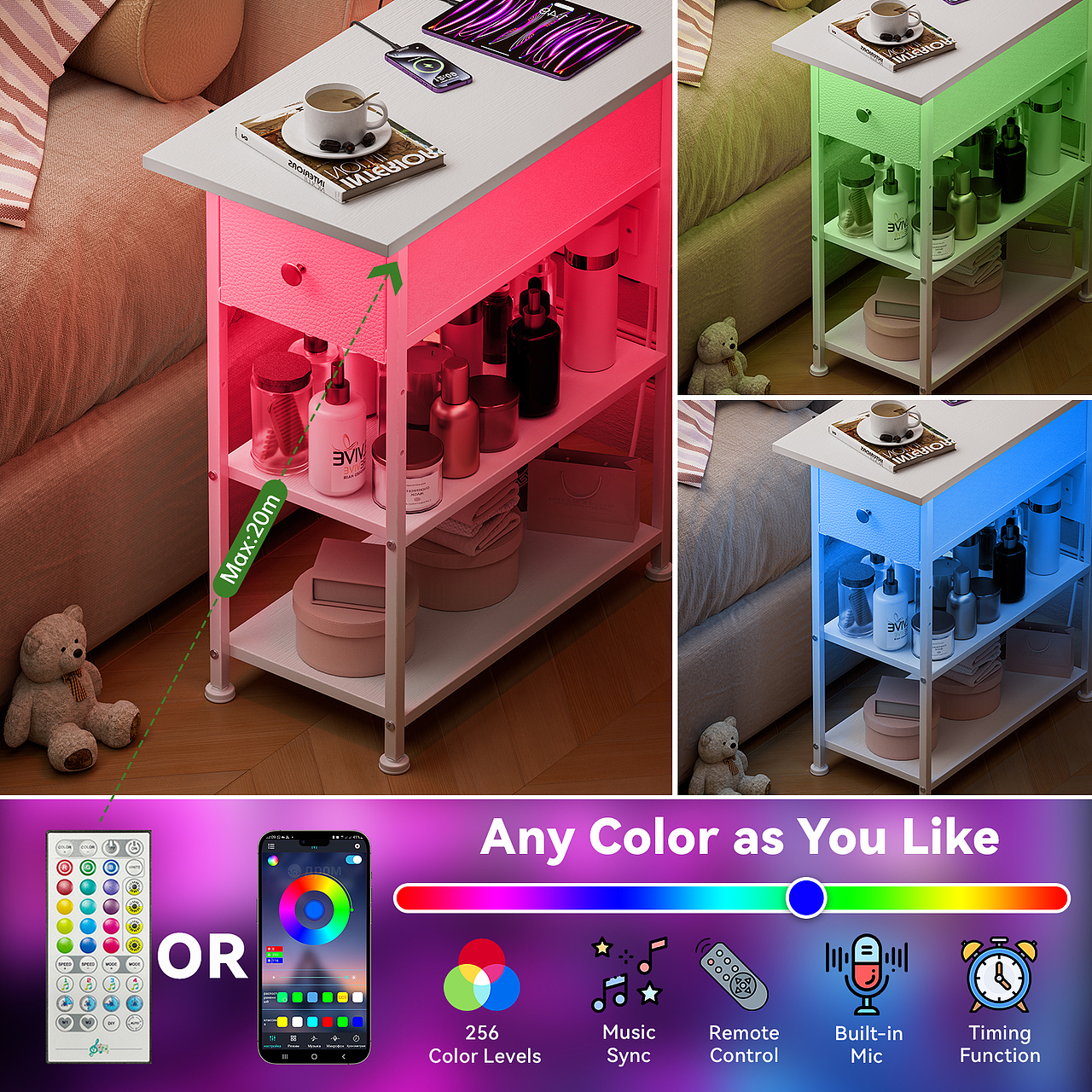 窄床头柜,白色床头柜带充电站,LED 边桌