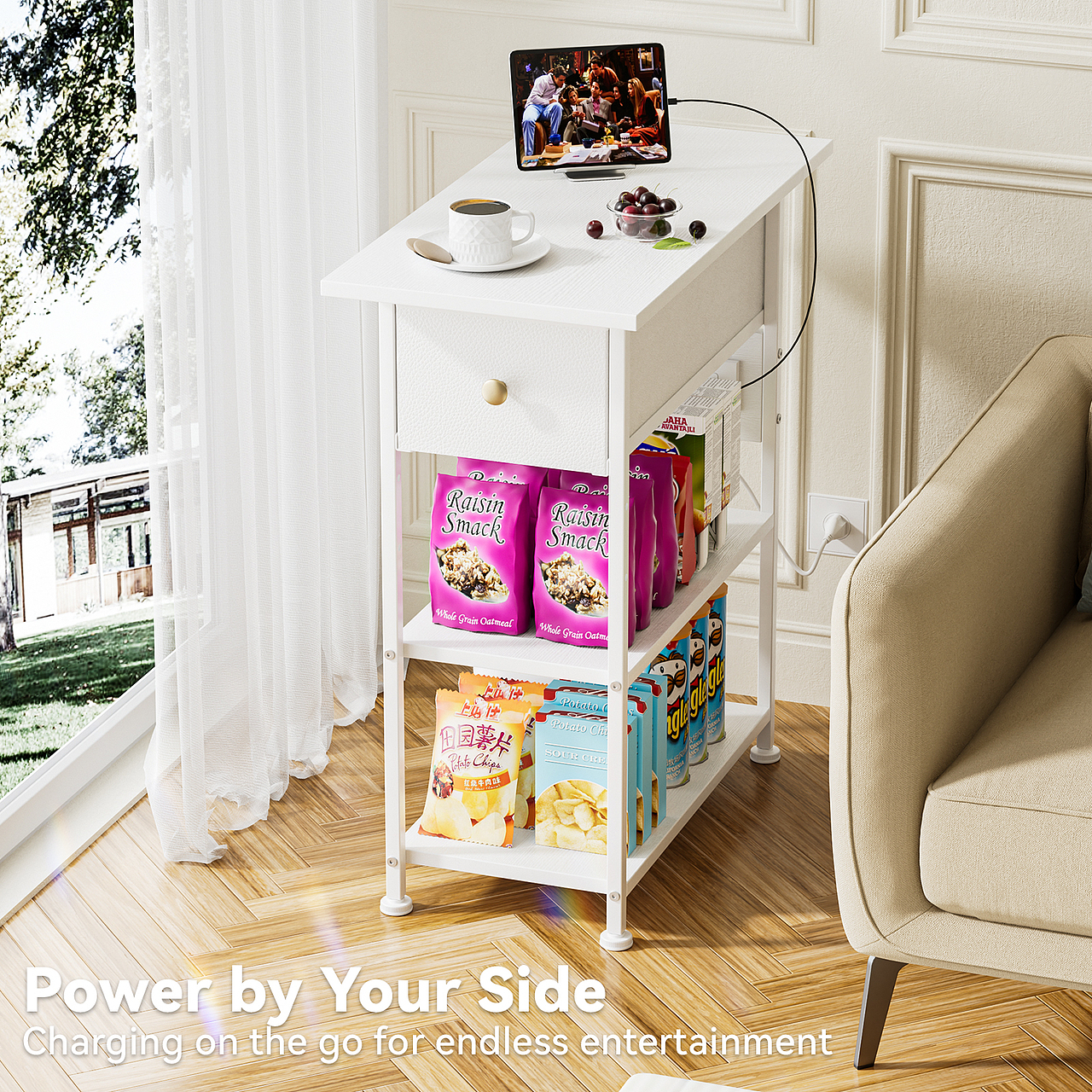 窄床头柜,白色床头柜带充电站,LED 边桌