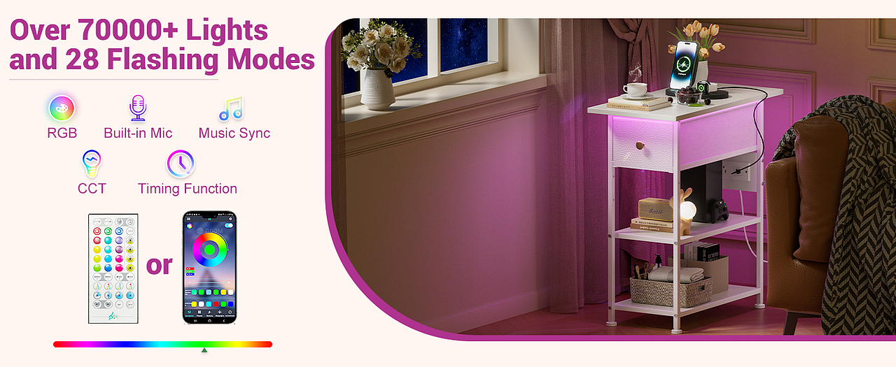 窄床头柜,白色床头柜带充电站,LED 边桌