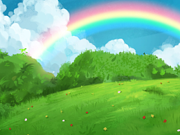 绿色草地有彩虹的背景