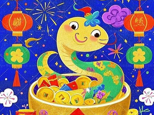 2025蛇年新春至设计组图-新年主题贴纸插画图案