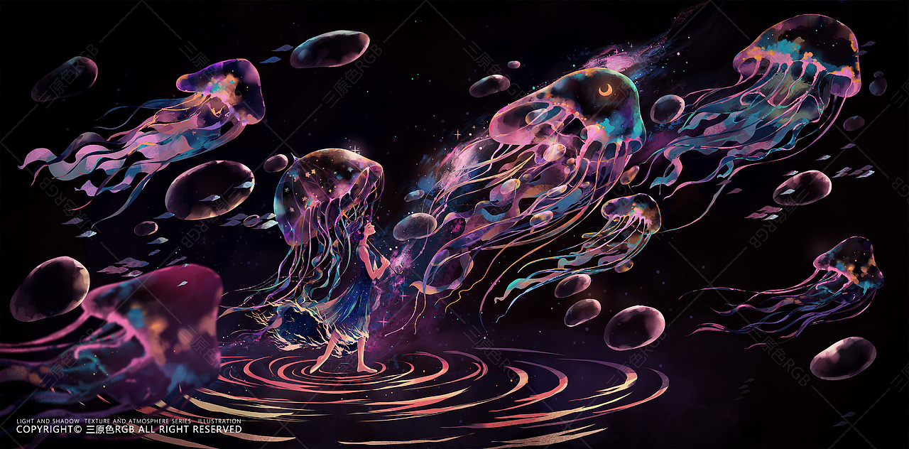 《星追月》水母在银河中游荡,女孩撑着装满星星的水母。踮起脚尖追赶着孤独的月亮。月亮在心中叫唤着,这也就是月亮和星星之间的默契。
女孩裙摆燃起熊熊烈火,化作星星与泡沫........