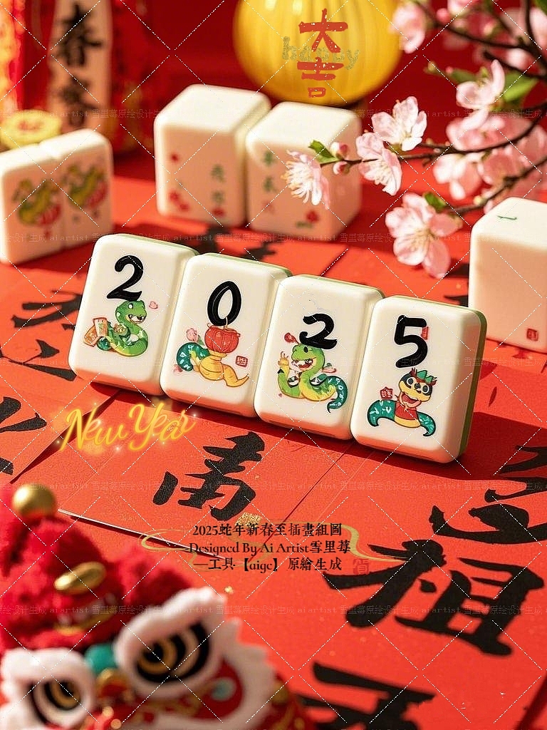 2025蛇年新春至-节日主题插画组图3d风元旦跨年