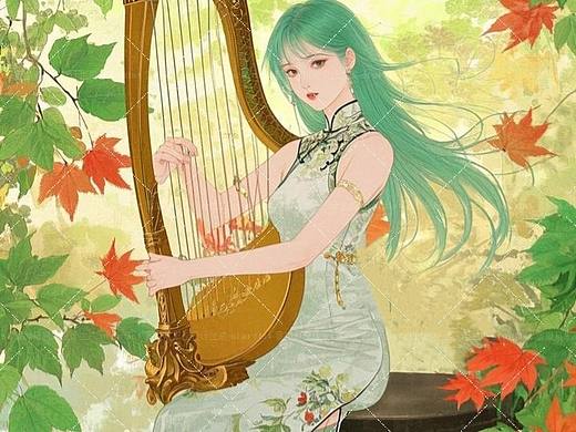 枫叶林弹竖琴的绿衣旗袍美女-跨年夜插画练习aigc