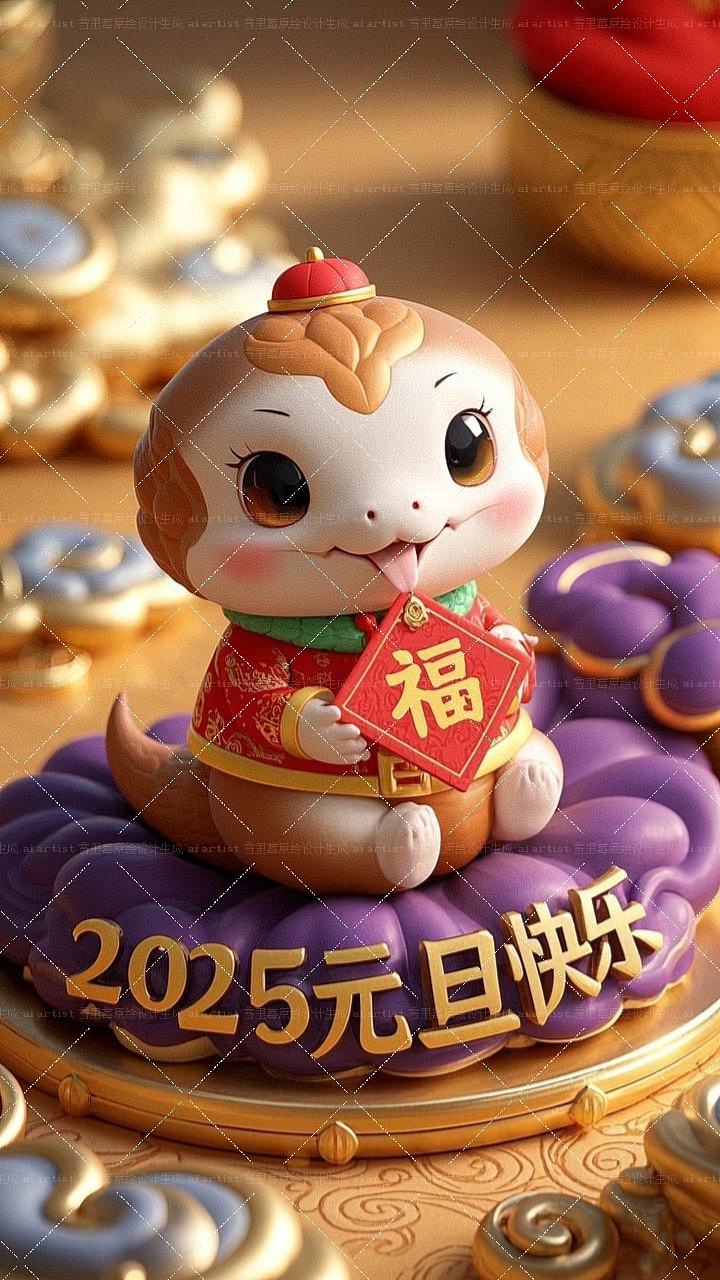 2025蛇年新春至新年主题场景贴纸插画图案3D设计