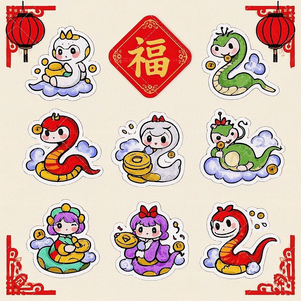 2025蛇年新春至新年主题贴纸九宫格组图设计ai（图ZMzgzNDkxODIw） - AI作品 - 站酷设计师雪里莓工作室原创素材 - 站酷ZCOOL