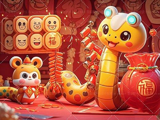 Hello，2025蛇年快乐！贴纸/插画图案设计