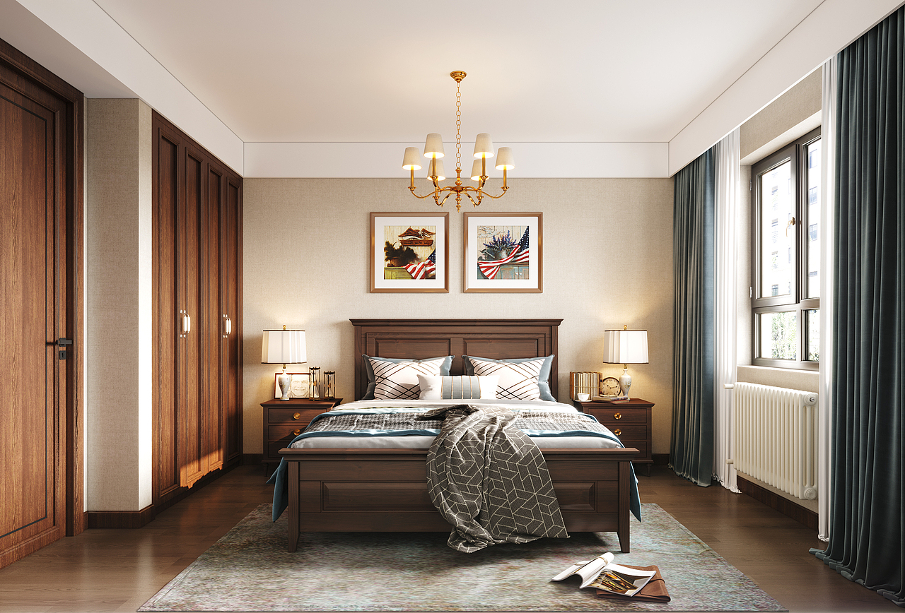 美式风格客餐厅卧室效果图表现