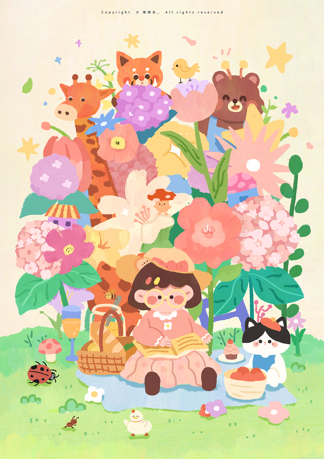 被花包围的可爱野餐