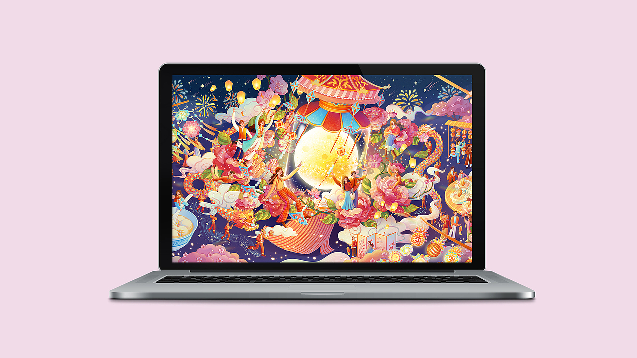 《花灯映月闹元宵》元宵节KV插画