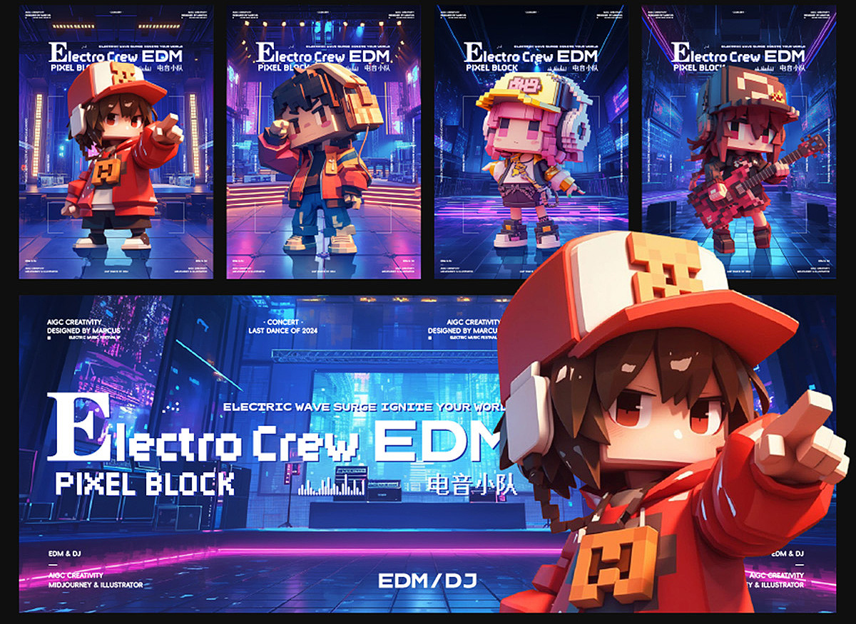 电音小队3D像素风格IP形象概念设计AIGC绘画