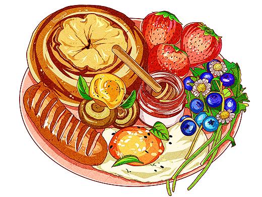 ipad手绘美食插画 |肉桂苹果贝果太阳蛋拼盘