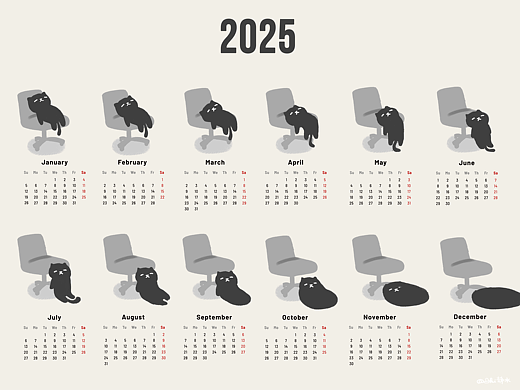 2025壁纸日历 融化的小黑猫