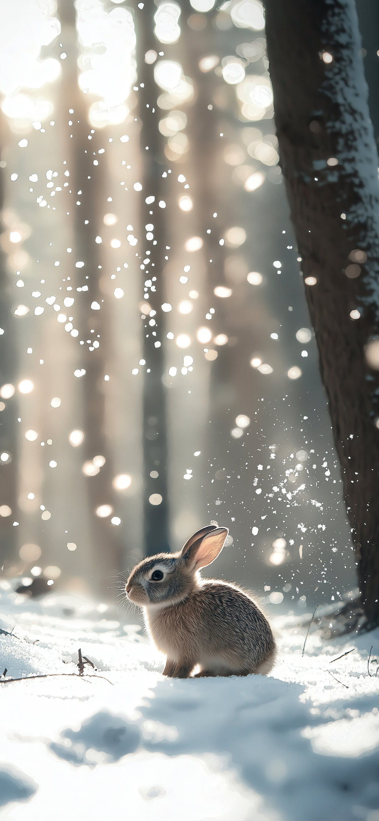一只小兔子在雪地中的场景。背景是柔和的光线透过树木洒下来,形成了美丽的光斑效果,给人一种温暖而梦幻的感觉。小兔子坐在雪地上,毛茸茸的身体显得非常可爱,耳朵竖立着,显得警觉而好奇。