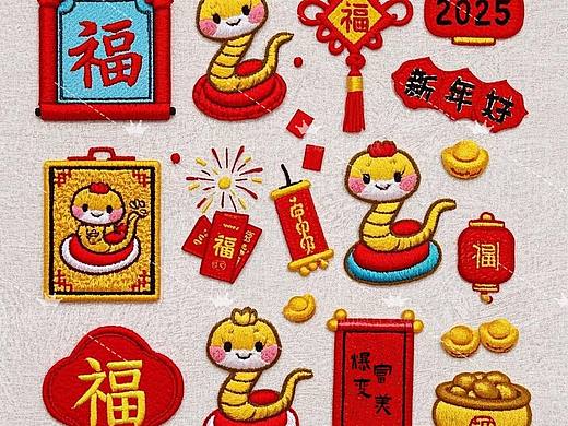 Hello，2025！蛇年新春刺绣风贴纸布贴设计图
