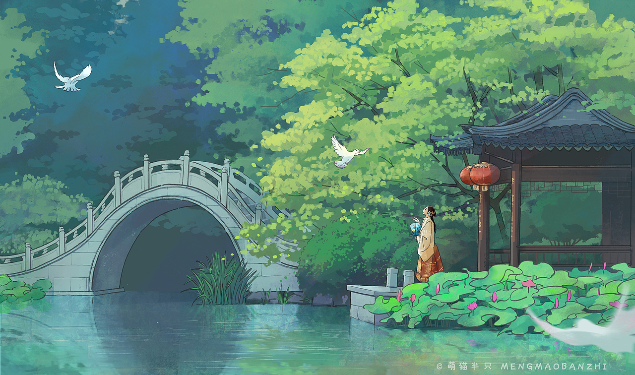 碧水青荷染阶绿,风送蝉声亭掩郁。请与白鸟知,邀酒朋诗侣,游园小聚。——空白格