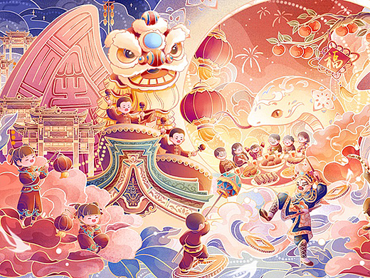 金蛇纳瑞|新春节日非遗民俗文化国风主KV插画海报