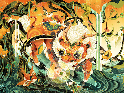 【麒麟送子，万物共生】插画