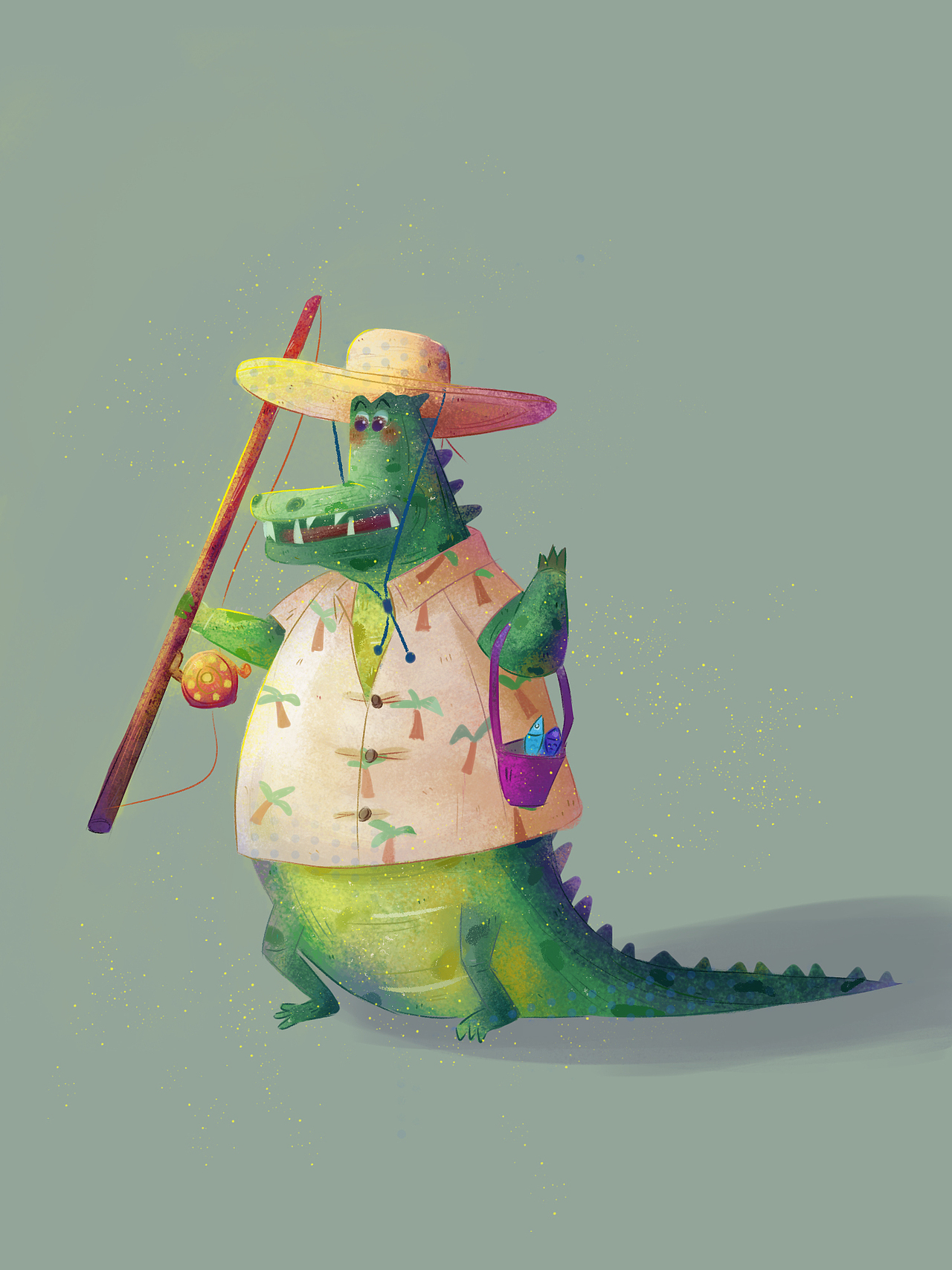 色粉风格，一只准备去钓鱼的小鳄鱼，角色设计，原创