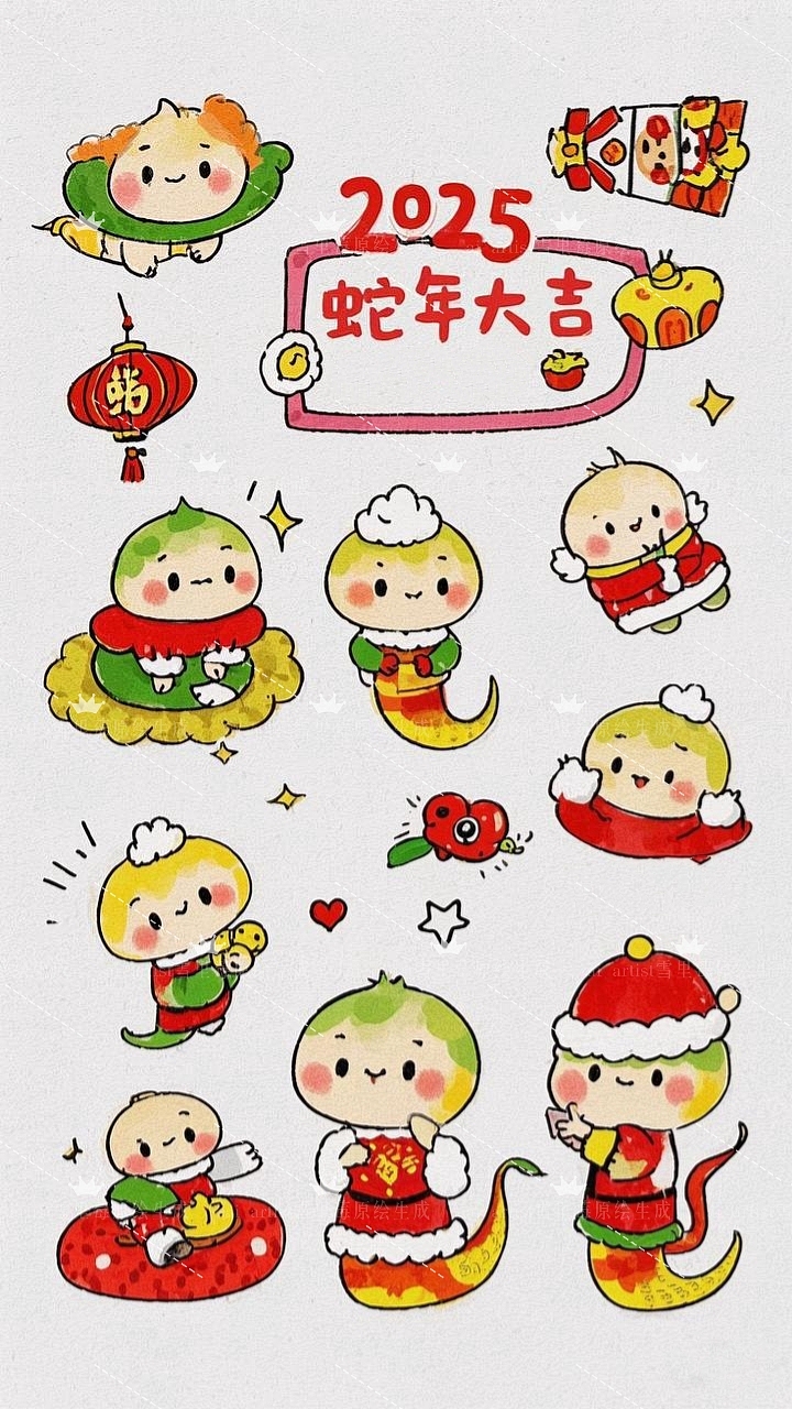 2025蛇年新春贴纸剪纸插画图案设计平面/3d渲染