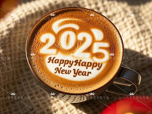 2025新年春节贴纸插画图案-咖啡拉花“杯弓蛇影”