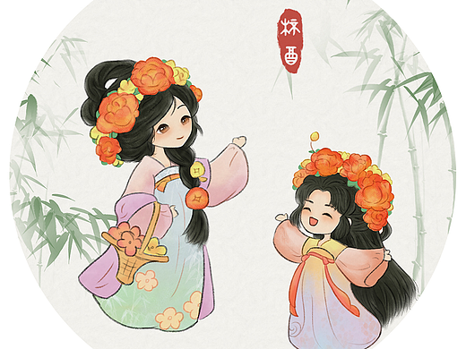 汉服Q版 古风插画 荷花插图