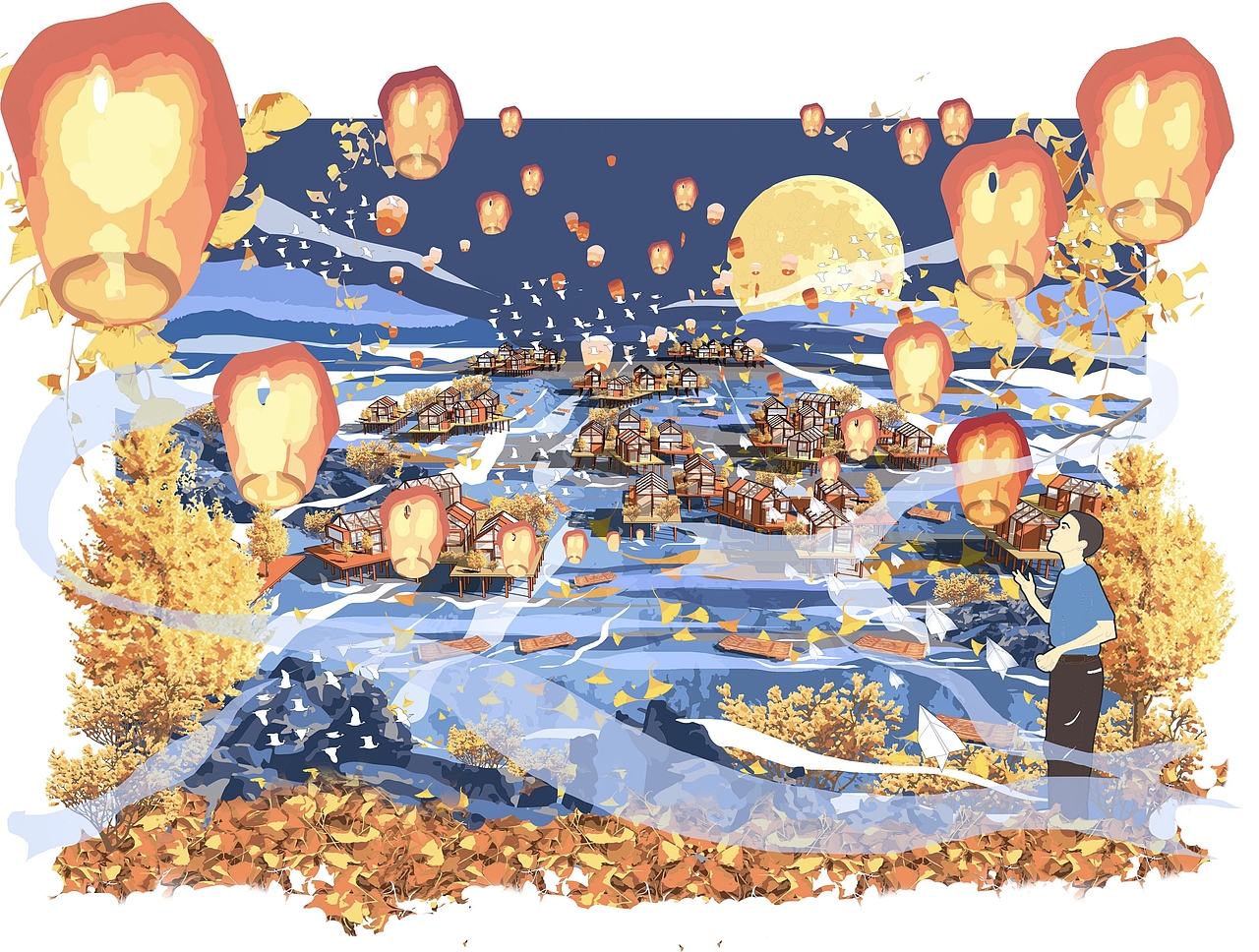 海岸客栈秋季主题插画