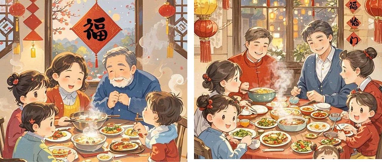 除夕年夜饭（图ZMzg0Mjc4NDEy） - 儿童插画 - 站酷设计师燕紫Ai绘画原创素材 - 站酷ZCOOL