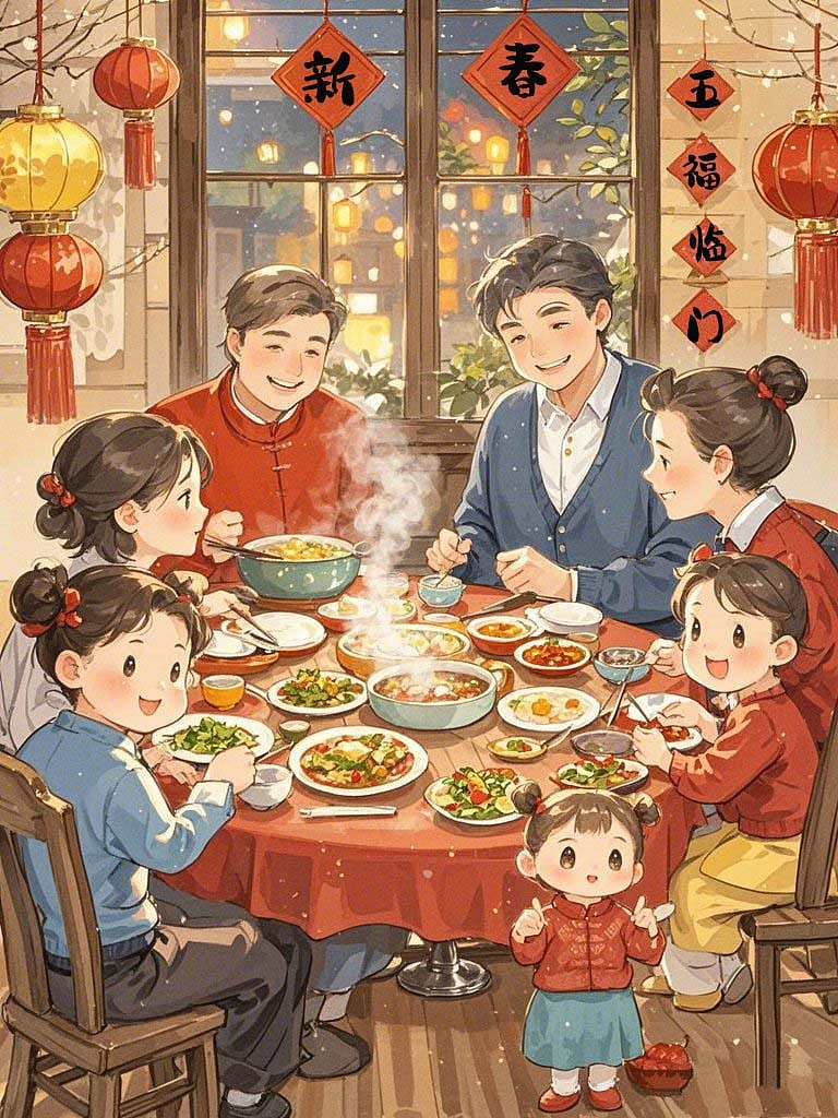 除夕年夜饭（图ZMzg0Mjc4NDA4） - 儿童插画 - 站酷设计师燕紫Ai绘画原创素材 - 站酷ZCOOL