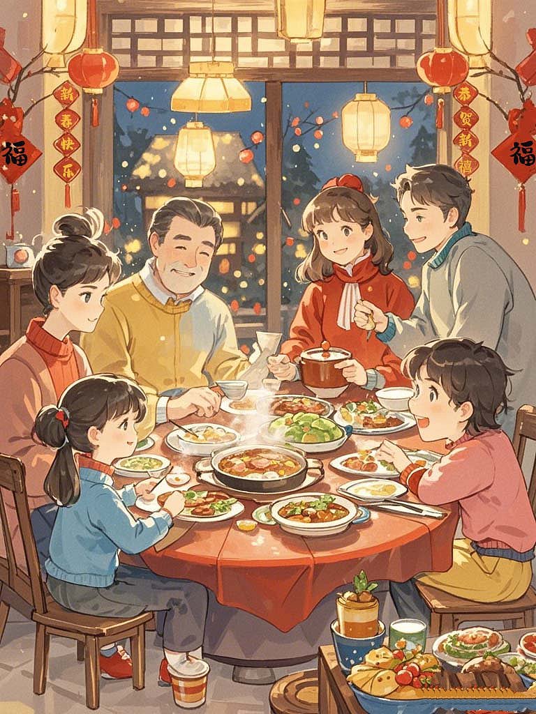 除夕年夜饭（图ZMzg0Mjc4NDAw） - 儿童插画 - 站酷设计师燕紫Ai绘画原创素材 - 站酷ZCOOL
