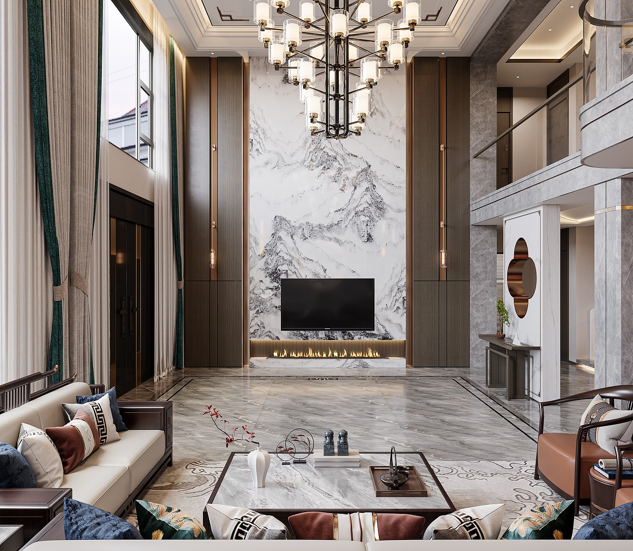 挑空新中式客餐厅效果图表现