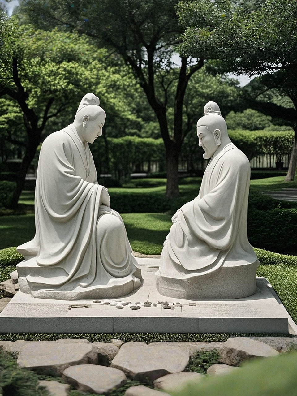 汉白玉石雕《对弈》下棋雕像欣赏