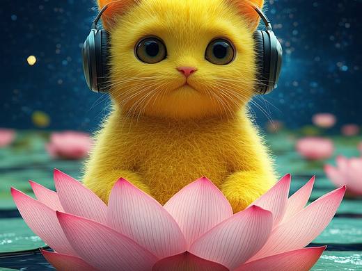小黄猫坐在荷花上