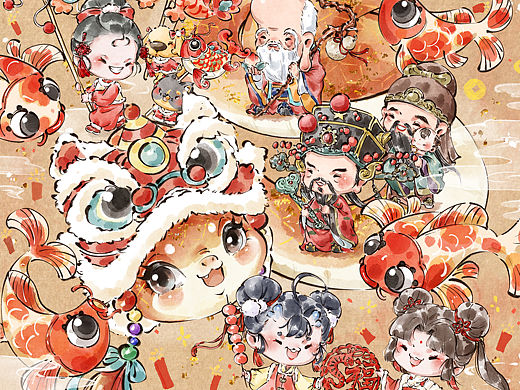 iPad仿水墨|锦蛇闹春，五福临门