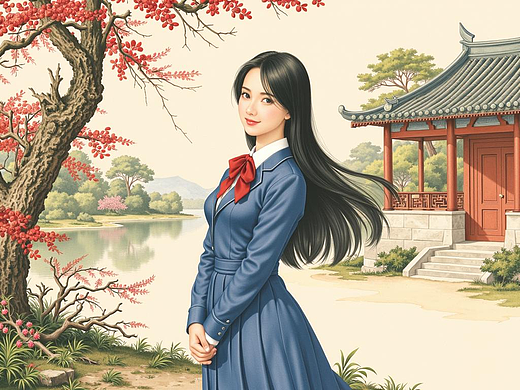 郎世宁工笔画风格：工笔画中的现代少女（AI习作）
