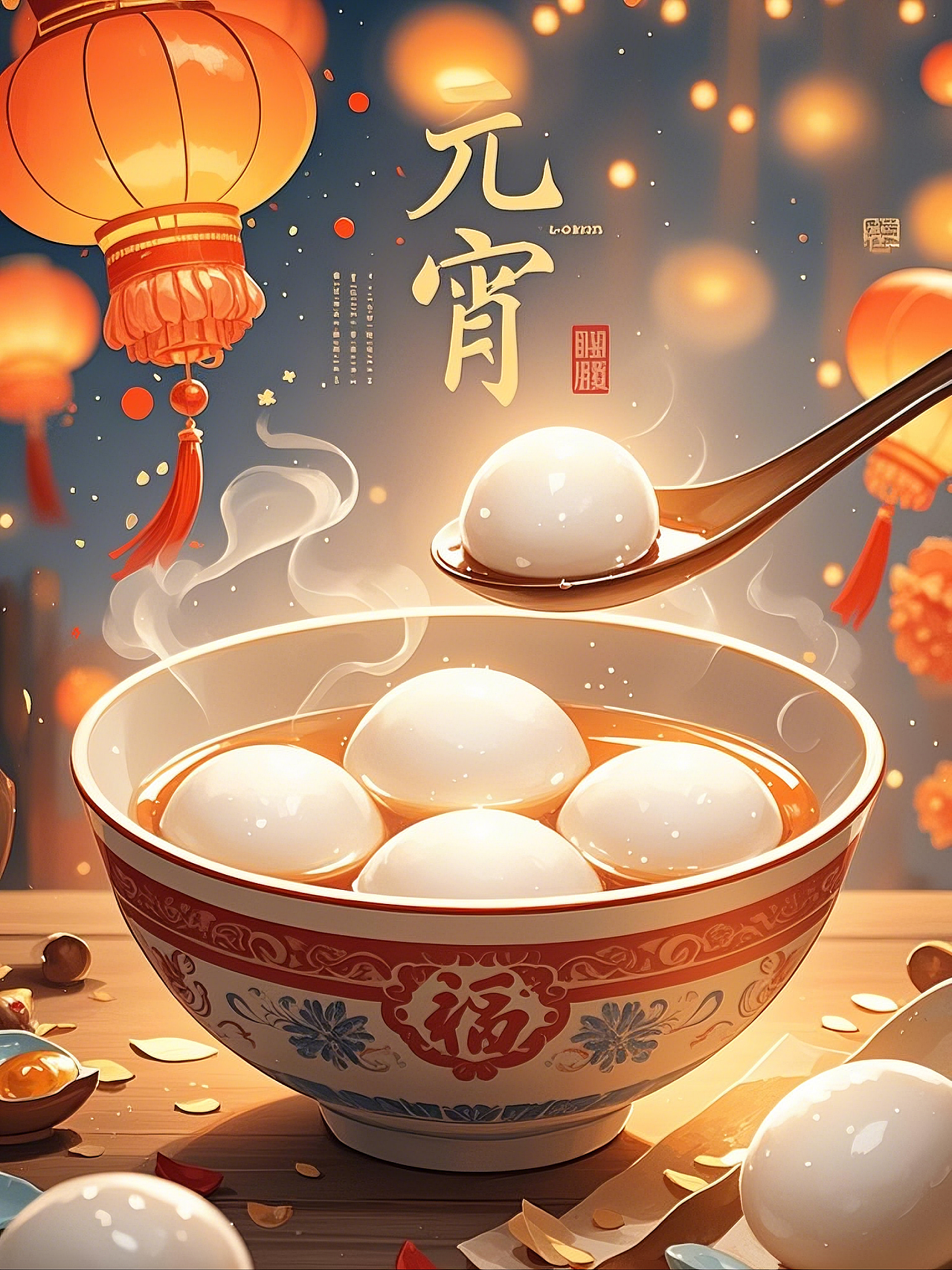 插画海报元宵节吃元宵赏花灯